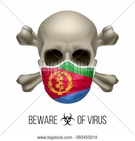 Human Skull With Crossbones And Surgical Mask In The Color Of National Flag Eritrea. Mask In Form Of