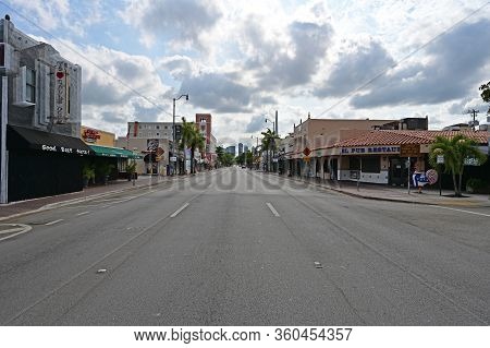 Miami, Florida - April 5, 2020 - Calle Ocho - Eigth Street - Devoid Of People Under Covid-19 Hotel, 