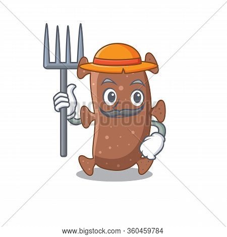 Cartoon Character Design Of Actinomyces Israelii As A Farmer With Hat And Pitchfork