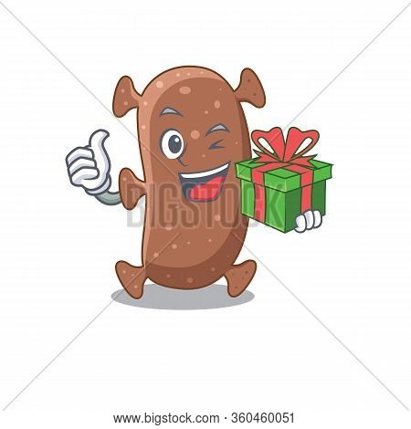 Smiling Actinomyces Israelii Cartoon Character Having A Green Gift Box