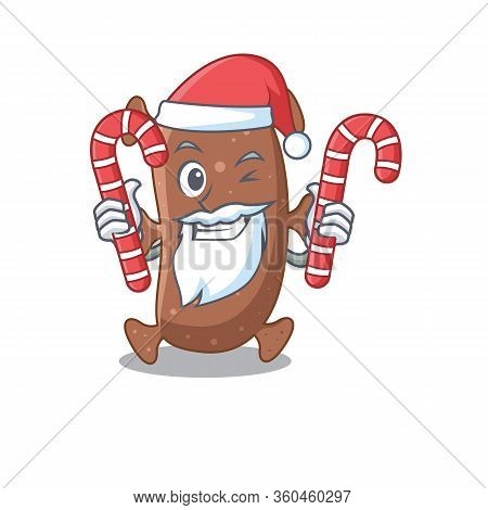 Friendly Actinomyces Israelii In Santa Cartoon Character Holds Christmas Candies
