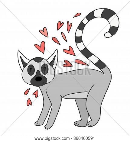 Vector Illustration Of A Cute Lemur Squinted With Happiness And Love.african Zoo Animal In Cartoon S