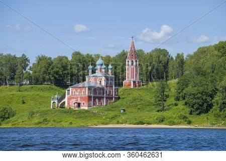 Old Church Of The Icon Of The Mother Of God Of Kazan On The Banks Of The Volga River On A Sunny July