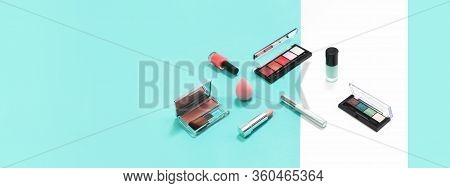 Feminine Makeup Aqua Mente And Pink Palettes Accessories With Nail Polish Manicure Tools Sponge On W