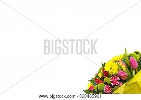 A Colorful Bouquet Of Pink And Red Tulips, Yellow And Shrub Chrysanthemums, Ruskus On A White Isolat