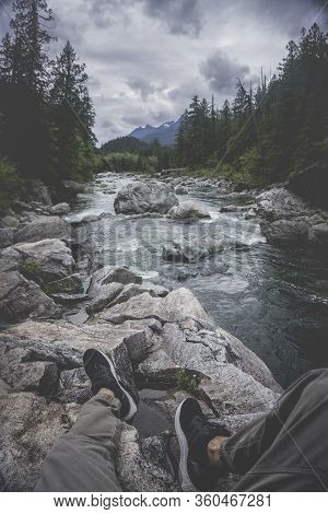 The Beauty Of Wally Creek Pullout. Forest, Wild River, Rocks And Trees On Vancouver Island In Canada
