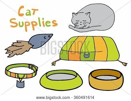 Outline Cat Supplies Set. Hand Drawn Colorful Contour Vector Illustration. Pet Lounger, Bowl, Toy, C