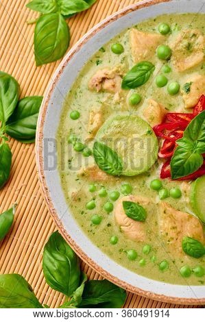 Thai Green Curry With Chicken Or Gaeng Kaew Wan Gai In White Bowl. Thai Green Curry Is A Thailand Cu