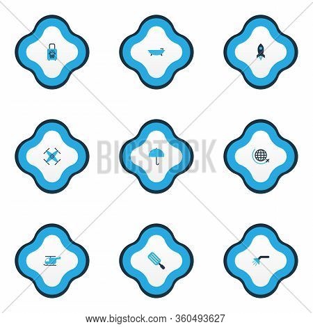 Trip Icons Colored Set With Bathroom, Helicopter, Quadrupter And Other Popsicle Elements. Isolated I