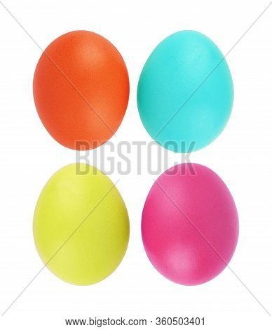 Colorful Easter Eggs In A Row  On A White Background
