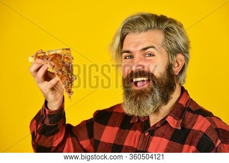In Mood For Italian Food. Man Bearded Hipster Hold Pizza. Pizza Delivery Service. Delivering Food To