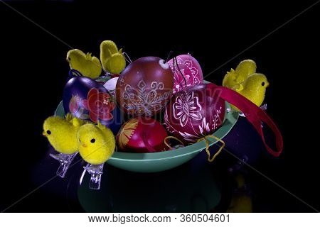 Easter Eggs On A Black Background With Spot Light