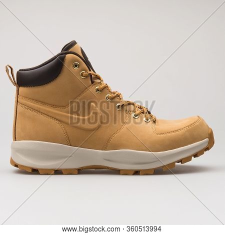 Vienna, Austria - August 16, 2017: Nike Manoa Leather Beige And Brown Sneaker On White Background.