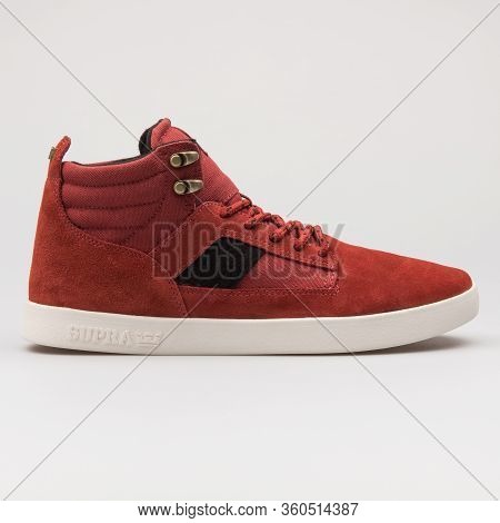 Vienna, Austria - August 16, 2017: Supra Bandit Red And Off White Sneaker On White Background.