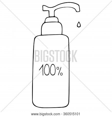 Antibacterial hand gel. 100% protection against bacteria, viruses and germs. Sanitizer for palm disinfection. Vector illustration. Contour on an isolated background. Sketch. Coloring book for children. Doodle style. Detergent bottle. Cleanliness is the ke