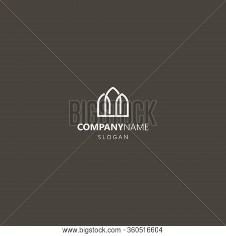 White Logo On A Black Background. Simple Vector Line Art Outline Iconic Logo Of Three Gothic Pointed