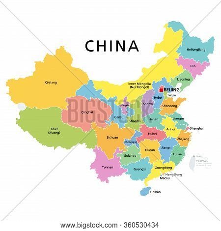 China, Political Map With Multicolored Provinces. Prc, Peoples Republic Of China With Capital Beijin
