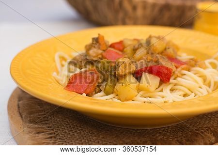 Lagman Is A Dish Of Asian Cuisine. Asian Traditional Lagman Soup.