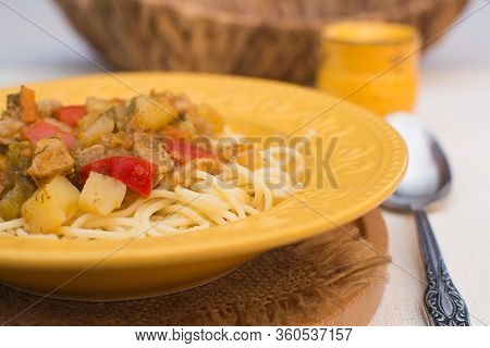 Lagman Is A Dish Of Asian Cuisine. Asian Traditional Lagman Soup.