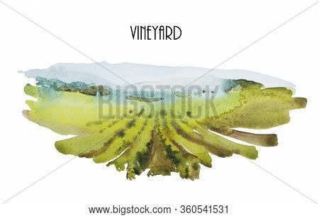 Abstract Watercolor Landscape With Green Wineyards And Blue Mountains. Original Backdrop Illustratio