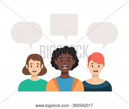 Happy Girls Character With Empty Speech Bubbles For Text.  People Connection Concept. Group Of Femal