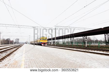 Riga, Latvia - January 31:  The View Along A Frosty Platform At Riga Central Station As A Train Arri