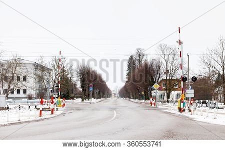 Sigulda Level Crossing.  The View Across  A Railway Level Crossing In Sigulda.  Sigulda Is A Town In