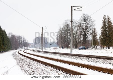 Sigulda, Latvia - January 31:  The View Along A Snow Covered Railway Track In Sigulda, Latvia Pictur