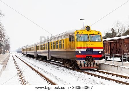 Sigulda, Latvia - January 31:  A Train Departs Sigulda Station On A Winter Day.  Sigulda Is A Town I