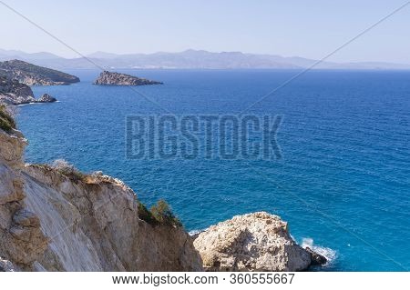 Panoramic View Of A Sea And Islands From The Top Of The Mountain, On The Island Of Crete, Greece.