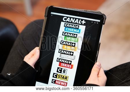 Bordeaux , Aquitaine / France - 11 27 2019 : Canal+ Group Of French Television Logo Canal Plus + Sig