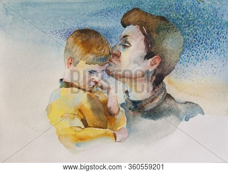 Mother Kissing Her Sad Little Son To Cheer Him, Original Watercolor Illustration With Vibrant Blue D