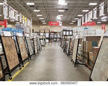 Arvada, Co, May 4, 2019 - Aisles Of Floor Products At Floor & Decor Tile Store With Price Tags And M