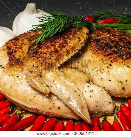 Fried Chicken, Roasted Half Chicken, Served Vegetable, Yummy, Sprinkled With Spices, Garlic And Red 