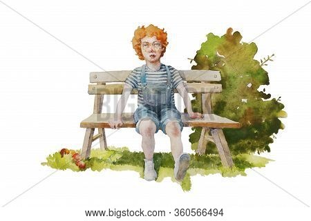 Redhead Boy Sit On The Bench In The Garden And Daydreaming. Preschool Child With Red Hairs And Freck