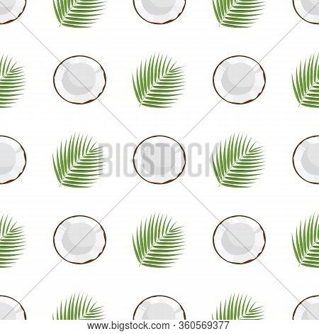 Seamless Pattern With Cartoon Detailed Brown Exotic Half Coconut And Green Leaf. Summer Fruits For H