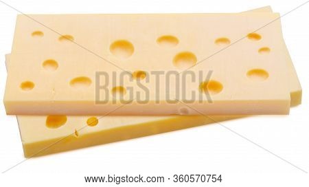 Two Portions (blocks) Of Emmental Swiss Cheese. Texture Of Holes And Alveoli. Isolated On White Back