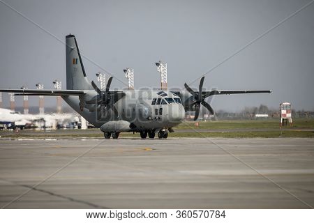 Otopeni, Romania - April 9, 2020: Alenia C-27j Spartan Military Cargo Plane Of The Romanian Air Forc