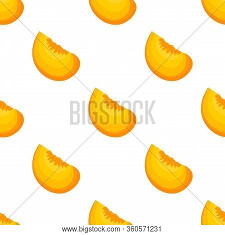 Saemless Pattern With Cartoon Detailed Exotic Cut Slice Peach On White Background. Summer Fruits For