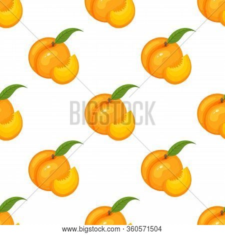 Saemless Pattern With Cartoon Detailed Exotic Peach On White Background. Summer Fruits For Healthy L