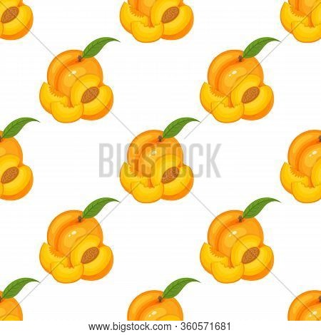 Saemless Pattern With Cartoon Detailed Exotic Peach On White Background. Summer Fruits For Healthy L