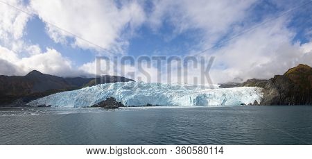 Aialik Glacier Panorama On Aialik Bay In Kenai Fjords National Park In Sep. 2019 Near Seward, Alaska