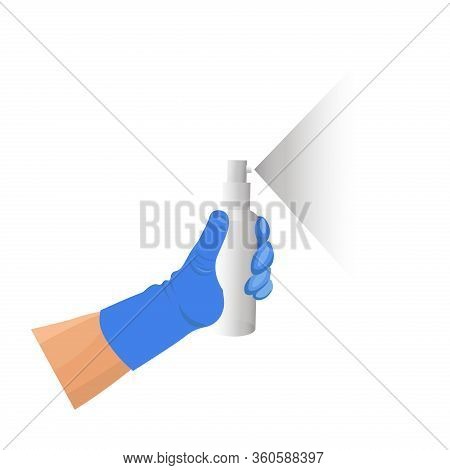 A Hand In A Rubber Glove Holds An Aerosol Spray Can With Bactericidal Disinfectant