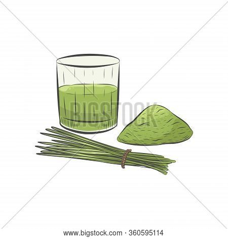 Wheat Grass Powder And Juice Isolated On White Background. Healthy Green Super Food. Wheatgrass Clos