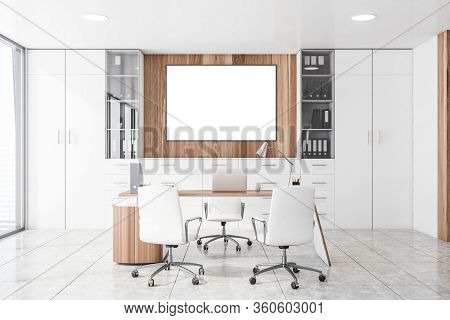Interior Of Luxury Ceo Office With White And Wooden Walls, Tiled Floor, Computer Table With Chairs F