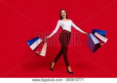 Full Size Photo Of Positive Fancy Stunning Attractive Girl Enjoy Buying Shopping Holding Many Bags E