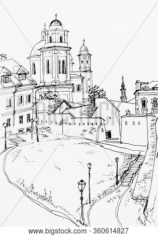 View From Vilnius Artillery Bastion To The Downtown Hand Drawn Sketch