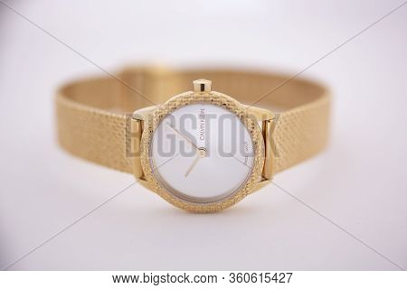 Biel, Switzerland 31.03.2020 - The Closeup Of Calvin Klein Woman Watch Stainless Steel Case Gold Pvd