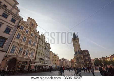 Prague, Czechia - October 31, 2019: Old Town Square (staromestske Namesti) With A Focus On The Clock