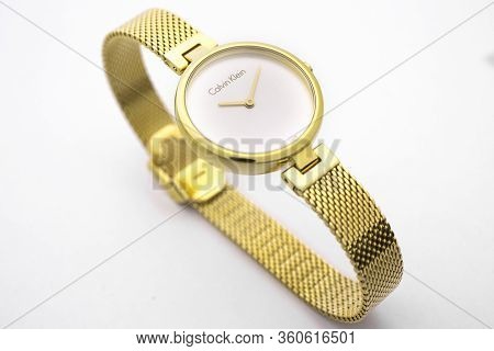 Biel, Switzerland 31.03.2020 - The Closeup Of Calvin Klein Woman Watch Stainless Steel Case Gold Pvd
